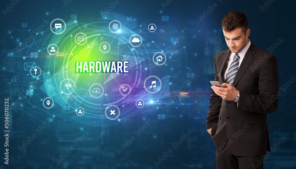 Businessman thinking about modern technology Businessman thinking about modern technology
