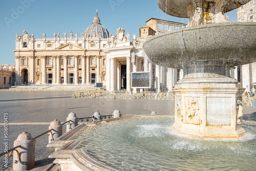Fountain North on saint Peter's square in Vatican during sunny day. Concept of religious landmarks and travel Italy