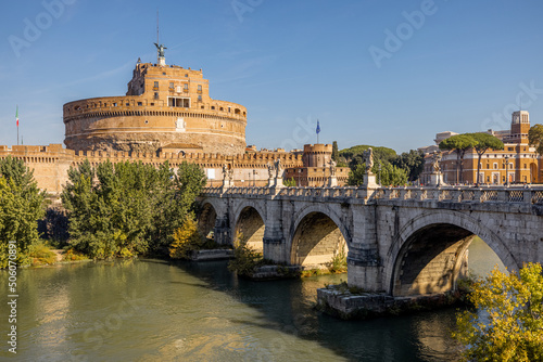 Landscape of Tiber river and Castle of the Holy Angel in Rome. Traveling Italy concept. Idea of visiting famous italian landmarks