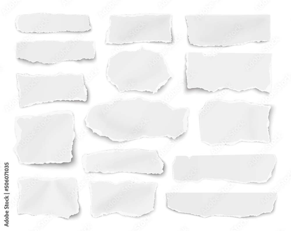 Set of paper different shapes scraps, fragments isolated on white