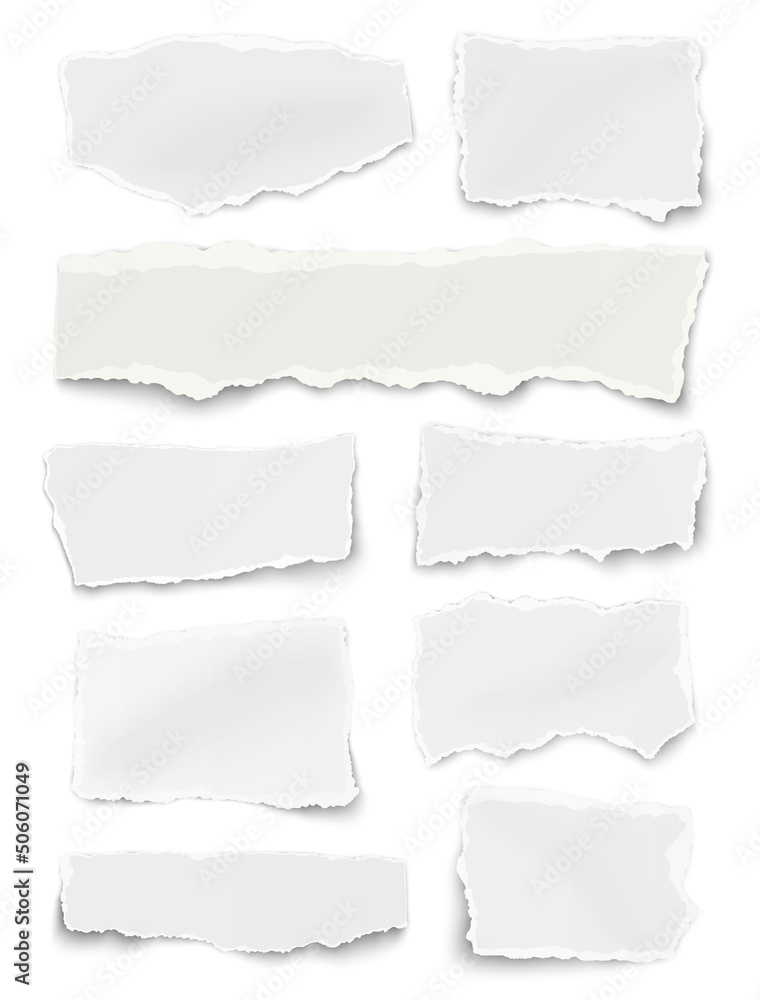 Set of paper different shapes ripped scraps fragments wisps isolated on white background. Paper collage illustration.
