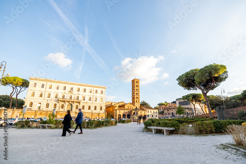 Forum Boarium, square near Colloseum and Tiber river in Rome at sunset. Concept of italian historical landmarks. Idea of traveling Italy