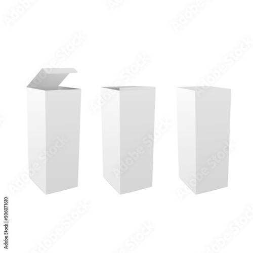Set of realistic tall white cardboard box mockup. Vertical tall cardboard rectangular cosmetic or medical packaging, paper boxes. Isolated collection of vector 3D illustrations