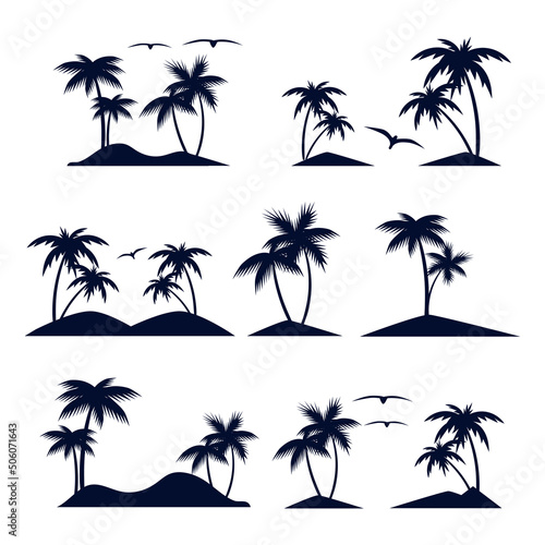 An island with palm trees. Black silhouette. Set.