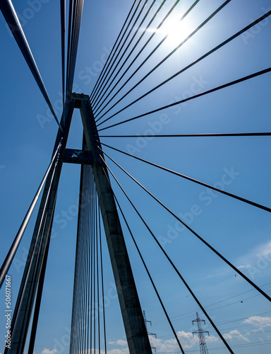 Fototapeta Naklejka Na Ścianę i Meble -  Cables and pylon of the modern rose bridge across the river Danube near Tulln, Austria