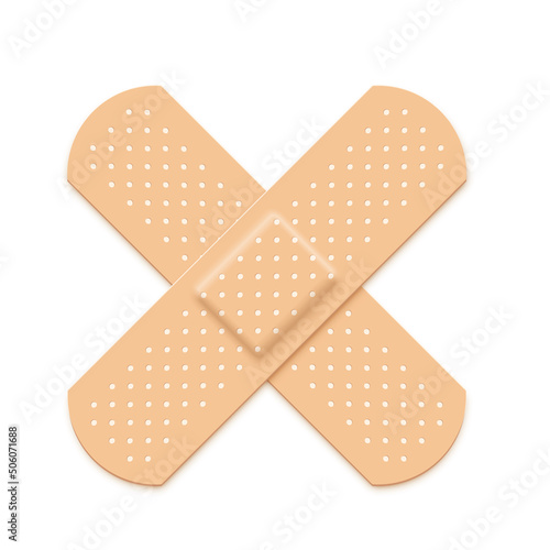 Adhesive plaster for medical skin care, 3d realistic sticker with cross of sticky bandage