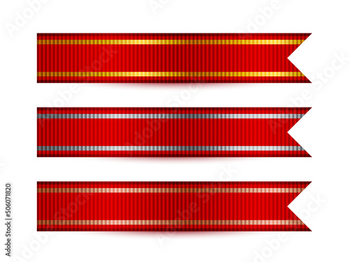 Red ribbons with grosgrain texture and flag shape set, 3d vintage award for winner