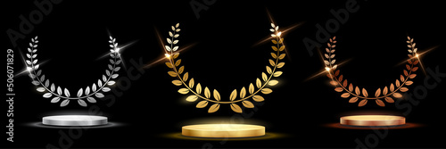 Golden, silver and bronze award signs with podiums laurel wreath isolated on black background. Vector award design templates