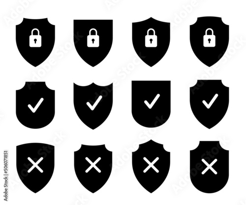Black shields of different shapes with check mark, cross and closed padlock inside