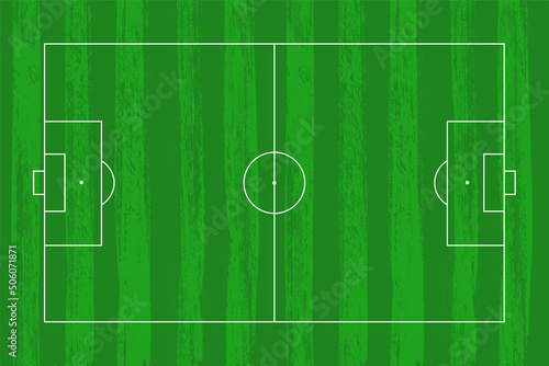 Green football field flat lay. Soccer stadium vector plan with white lines.