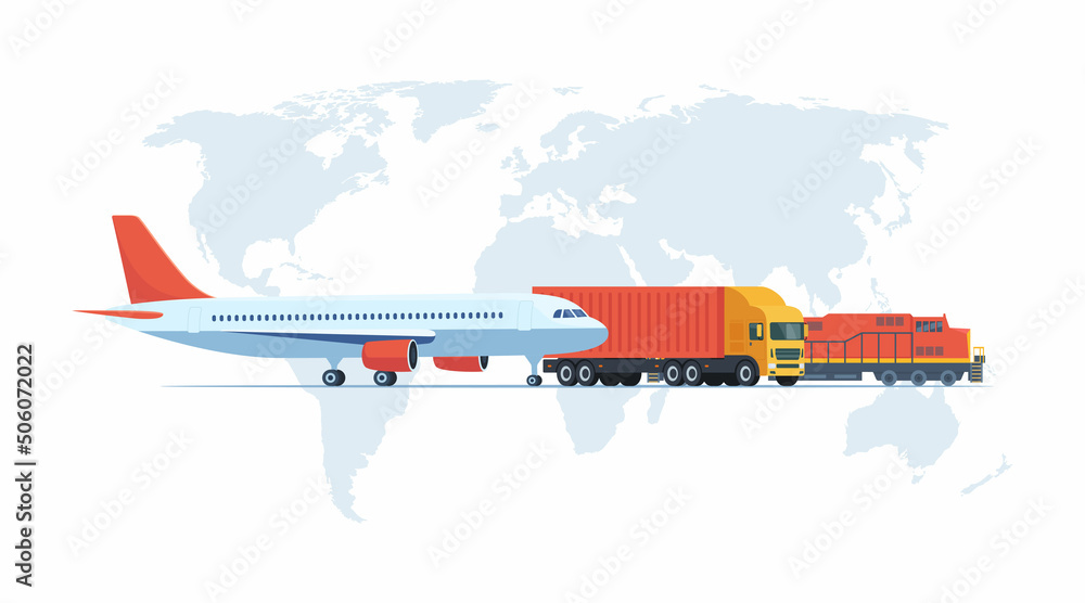 Cargo logistics transportation concept. Cargo plane, train, truck transport on a background of the world map. Import, export . Global freight transportation. Vector illustration.