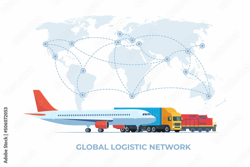 Cargo logistics transportation concept. Global logistic network. Cargo plane, train, truck transport on a background of the world map. Import, export. Global freight transportation. Vector.