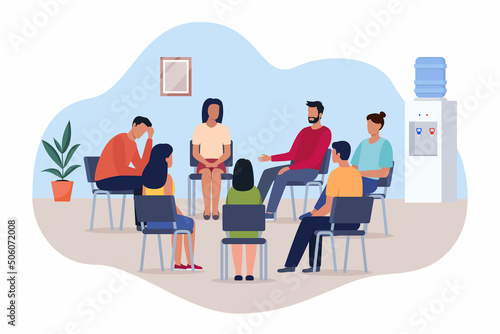 Group psychotherapy. Persons sitting in circle and talking. People meeting. Psychotherapy training, business lecture or conference. Man woman support group. Vector illustration.