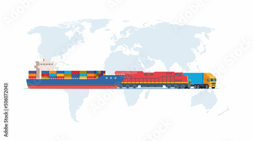 Cargo logistics transportation concept. Cargo ship, train, truck transport on a background of the world map. Import, export . Global freight transportation. Vector illustration.
