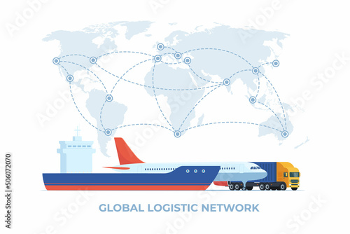 Cargo logistics transportation concept. Cargo ship, train, truck transport on a background of the world map. Import, export . Global freight transportation. Vector illustration.