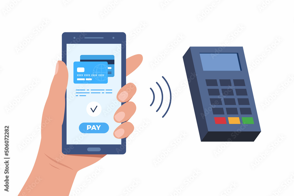 Processing of NFC payment. Contactless payment by smartphone, near-field communication protocol, and e-payment. Vector flat illustration. Processing of NFC payment. Contactless payment by smartphone, near-field communication protocol, and e-payment. Vector flat illustration.