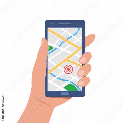 Smart phone navigation - mobile gps and tracking concept: location track app on touchscreen smartphone. Vector illustration.