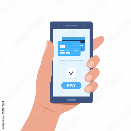 Money transaction online concept. Mobile payments using smartphone. Hand holding a mobile phone and credit card transfer on screen. Trendy flat style. Vector illustration.