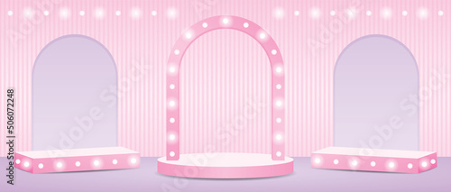 girly light bulb arch backdrop stage and display box on sweet pastel background 3d illustration vector for putting your object