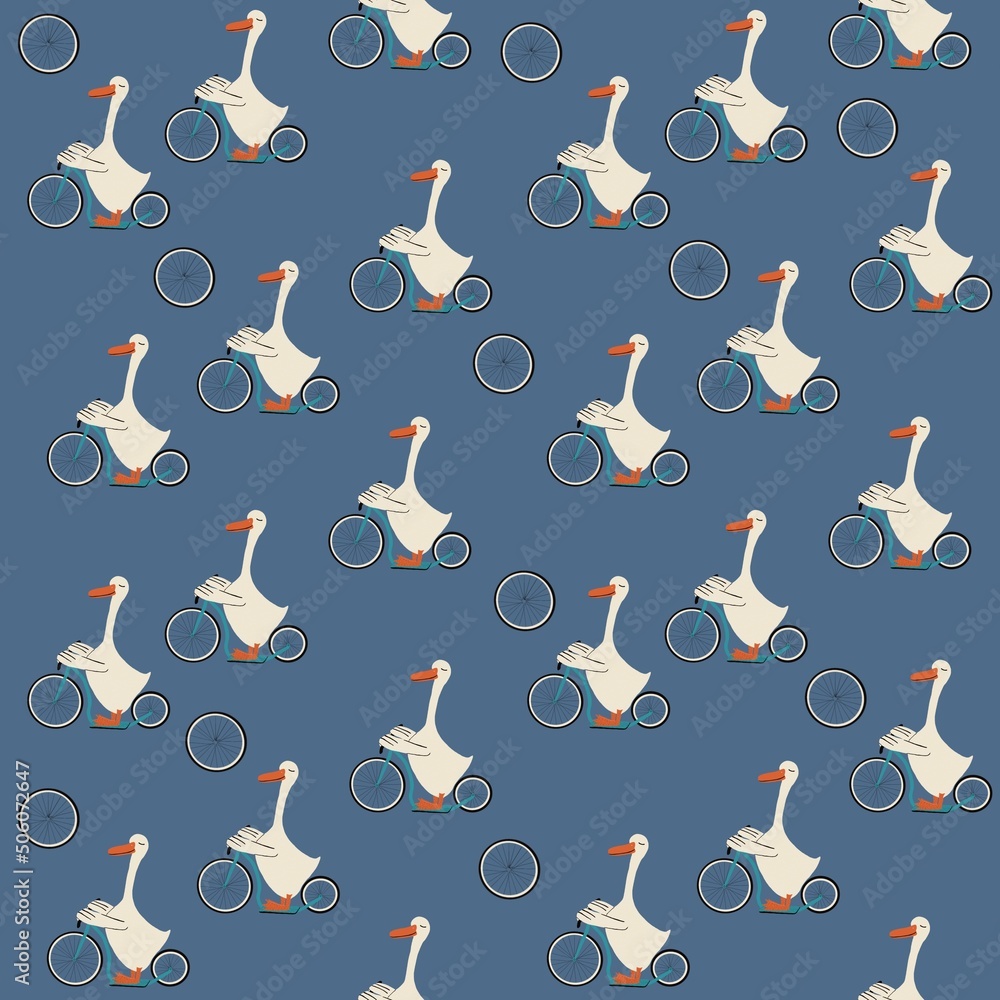 Seamless pattern with goose on a bike. White Farm animal on blue bicycle. Print with extreme sports for kids design, fabric, wallpapers, textile, nursing, paper, books, toys. Seamless pattern with goose on a bike. White Farm animal on blue bicycle. Print with extreme sports for kids design, fabric, wallpapers, textile, nursing, paper, books, toys.