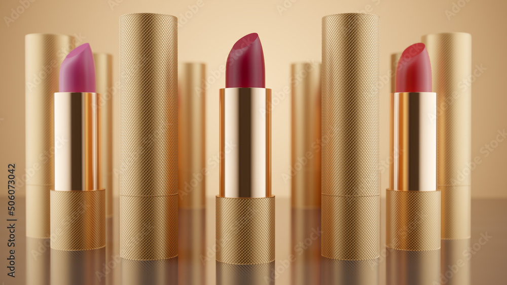 3d illustration of trendy lipstick template on gold background. Fashion cosmetics. Makeup design background. Use flyer, banner, flyer template for advertising. 3d illustration of trendy lipstick template on gold background. Fashion cosmetics. Makeup design background. Use flyer, banner, flyer template for advertising.