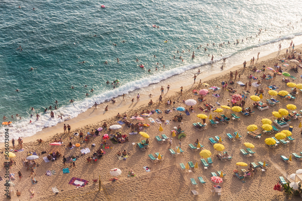 Sandy beach of Cleopatra in Turkey from a bird's eye view. Beach and sea from above. Travel to Turkey. Sandy beach of Cleopatra in Turkey from a bird's eye view. Beach and sea from above. Travel to Turkey.