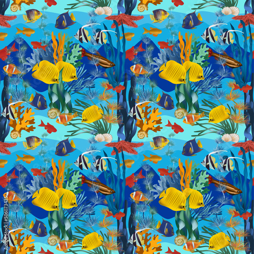 Seamless underwater card with  tropical fish. vector illustration
