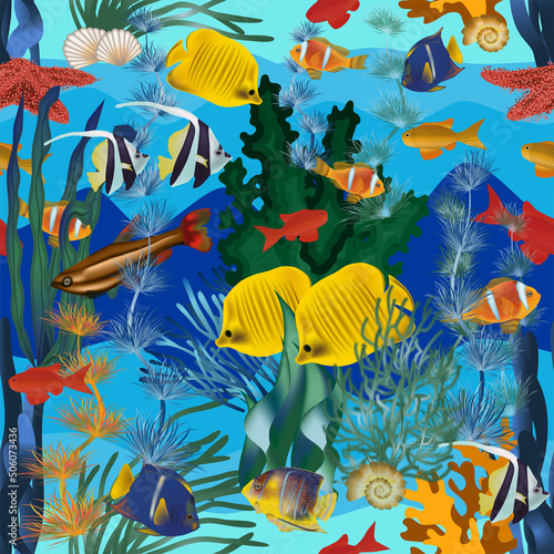 Seamless underwater pattern  with  tropical fish. vector illustration