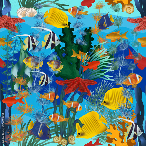 Seamless underwater background with star tropical fish. vector illustration