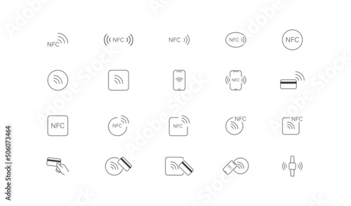 NFC technology icon. NFC payment set icons. Wireless payment symbol collection, credit card tap pay. Vector flat isolated line