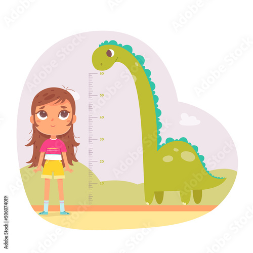 Kid height measure chart for kindergarten or home vector illustration. Cartoon girl wanting to grow to height of tall dinosaur, standing against dino and inch ruler for growth measurement