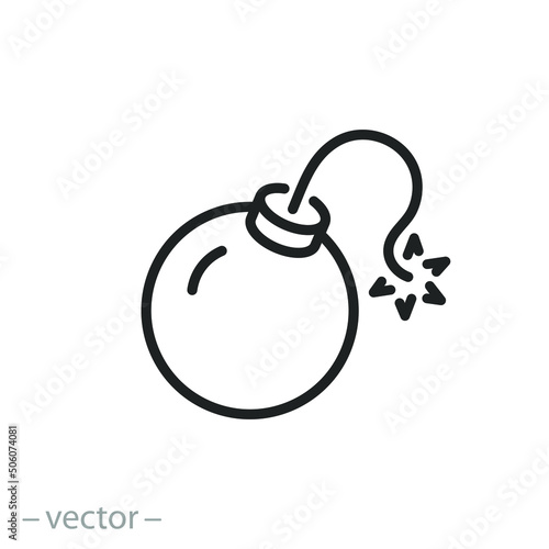 bomb icon, burning fuse, waiting to explode, thin line symbol on white background - editable stroke vector illustration