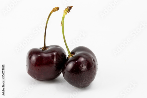 Fresh Black Cherry with stem, macro details, isolated in white background, shot using studio lighting  photo