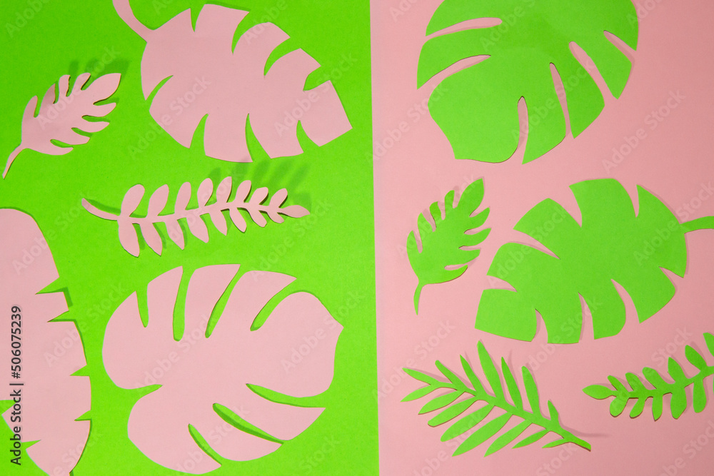 pink-green background on the green part pink jungle leaves on the pink part green jungle leaves, creative art tropical design