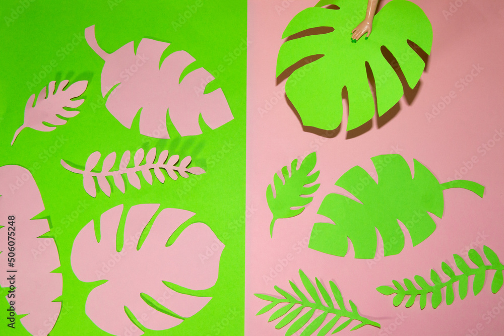 pink-green background on the green part pink jungle leaves on the pink part green jungle leaves, hand down the last leaf on the background creative art tropical design pink-green background on the green part pink jungle leaves on the pink part green jungle leaves, hand down the last leaf on the background creative art tropical design
