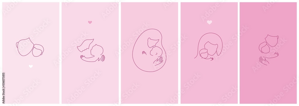 Logo set, mother with a baby in her arms. Happy maternity. Linear icons. Hugs with love Logo set, mother with a baby in her arms. Happy maternity. Linear icons. Hugs with love