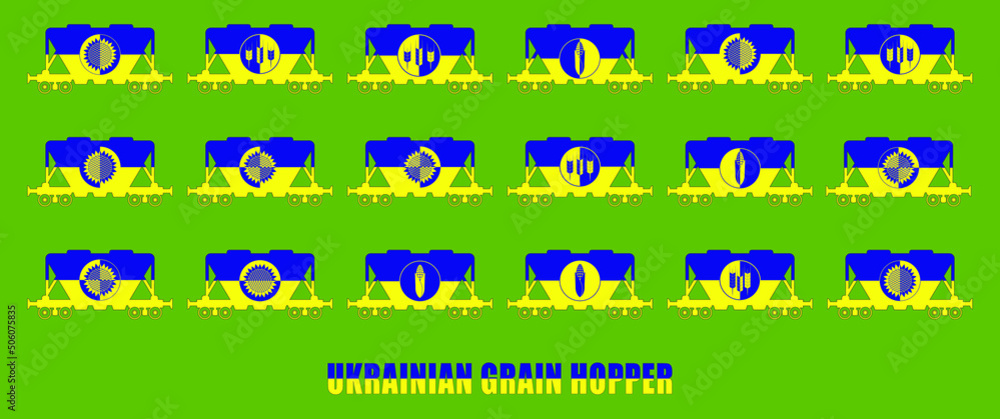Hopper wagon icon set for transportation of bulk icons of grain, corn, sunflower and cereals in the colors of the Ukrainian flag. Ukrainian grain hoppers are yellow-blue. Vector illustration
