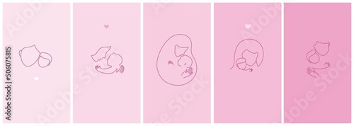 Logo set, mother with a baby in her arms. Happy maternity. Linear icons. Hugs with love