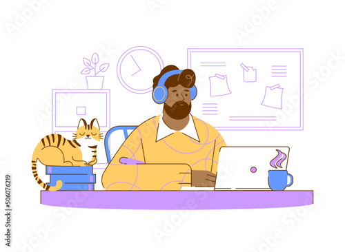 Flat vector Illustration design technology remote working for online education and learning concept and students use computers for studying. afro american