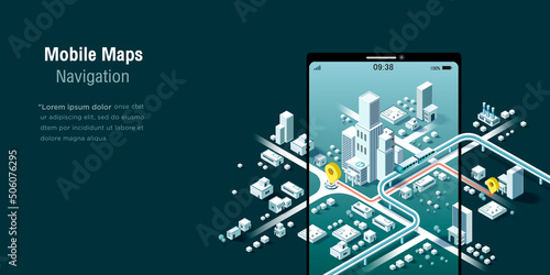 Mobile maps Navigation, And tracking concept. Isometric city map, App design, Infographic. Vector illustration
