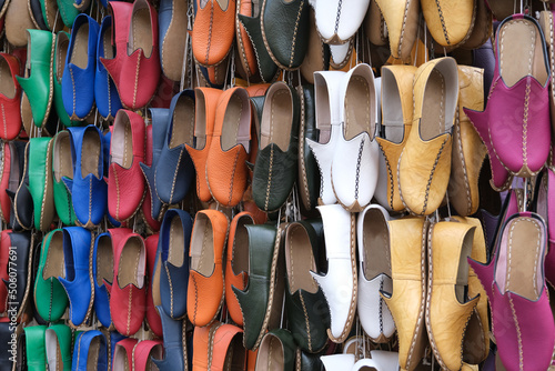 Colorful Handmade Shoes Hanging on Wall, Shoes Known As "Yemeni" in Gaziantep, Turkey. 