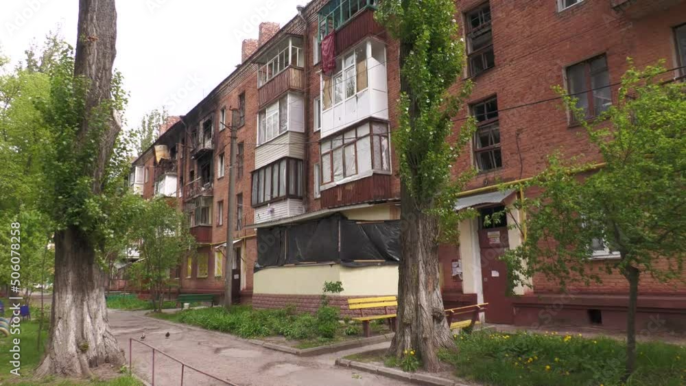 Chernigov, Ukraine, 2022: Destroyed residential building in as a result of shelling by the Russian army during the Russian-Ukrainian war Chernigov, Ukraine, 2022: Destroyed residential building in as a result of shelling by the Russian army during the Russian-Ukrainian war