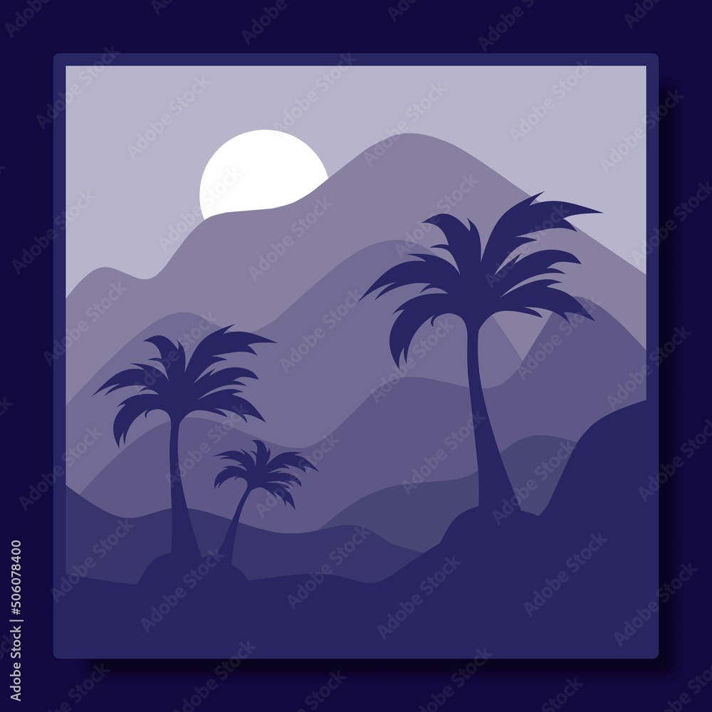 natural scenery illustration design template, with a combination of mountains and coconut trees