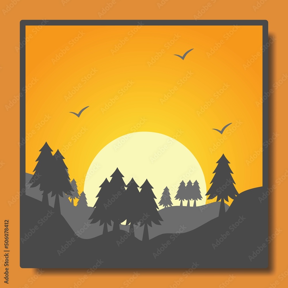 natural scenery illustration design template, with a combination of mountains and fir trees