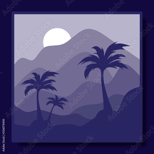 natural scenery illustration design template  with a combination of mountains and coconut trees