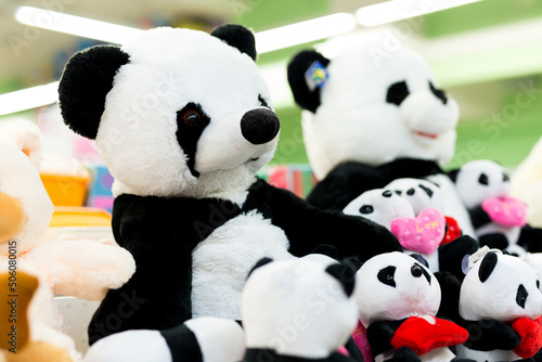 Sale of soft plush toys on the supermarket counter