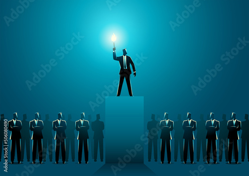 Businessman lighting up other businessmen with a torch on stage