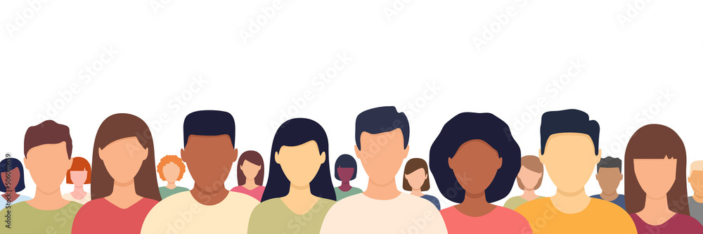 Fototapeta premium People crowd standing together. Multicultural people population. Male and female faces group. Human portraits in casual cloths. Vector illustration.