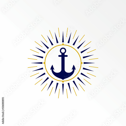 Simple and unique anchor with circle compass or around sun ray image graphic icon logo design abstract concept vector stock. Can be used as a symbol related to sailor or beach