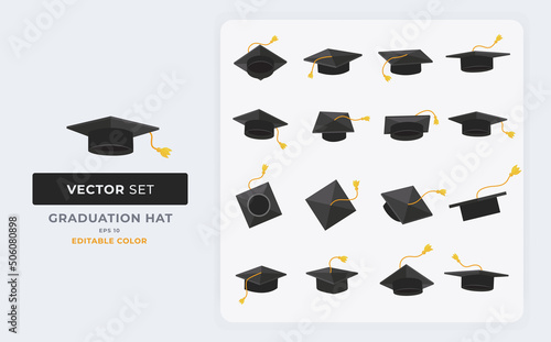 Graduation hat vector illustration. Different model Academic cap. Editable color Eps 10.
